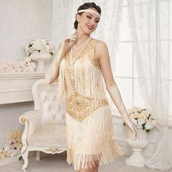 Anni Ruggenti Anni 1920 Lunghezza al ginocchio Vestito Nozze Addio al celibato Senza maniche Il grande Gatsby Invitato al matrimonio Paillettes Frange Scollo a V Costume Per donna Natale Carnevale