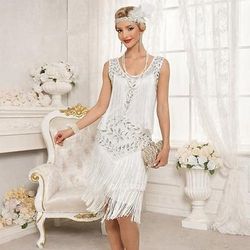 Anni Ruggenti Anni 1920 Lunghezza al ginocchio Vestito Nozze Addio al celibato Senza maniche Il grande Gatsby Charleston Invitato al matrimonio Paillettes Frangia con nappe Scollo Tondo Costume Per