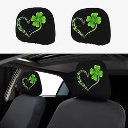 Copri poggiatesta per auto con trifoglio verde, 2 pezzi adatti a tutti i veicoli, neri stampa trifoglio verde, design piatto 2D, poliestere, facile da installare - accessori auto per il giorno di