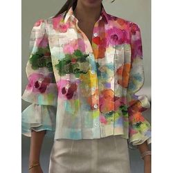 Camicia da donna in lino simile traspirante leggera grafica floreale elegante bohemien vintage maniche lunghe top regolari lavoro quotidiano vacanza arricciatura rosa estate primavera