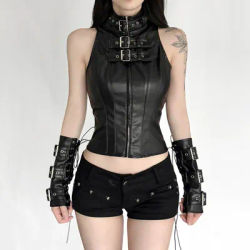SUCHCUTE – gilet rétro Punk en cuir Pu pour femmes, avec couverture de manches, gothique, noir, sans manches, col roulé, vêtements décoratifs en métal Y2k