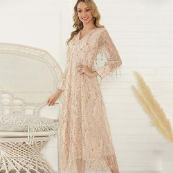 Anni Ruggenti Anni 1920 Midi Vestito Nozze Addio al celibato Lunghe Il grande Gatsby Invitato al matrimonio Paillettes Ricamato Tinta unica Scollo a V Costume Per donna Capodanno Balli di fine anno