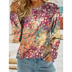 Per donna Maglietta Stampato Grafico Geometrico Astratto Vintage Moda Elegante Manica Lunga Girocollo Top Regolari Quotidiano Blu Rosso Viola Fucsia Marrone Estate Primavera