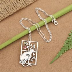 'Cat-Inspired Natural Garnet and Peridot Pendant Necklace'