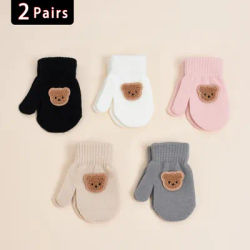 【2 Pairs】High-Elasticity Knitted Warm Gloves for Toddlers Aged 1-3 Years, Autumn and Winter, Cute Bear Fingerless Gloves for Babies/Children, Anti-Scratch and Anti-Bite, Suitable for Daily Casual Wear