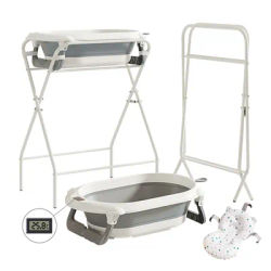 3 in 1 Baby Bath with Stand, Foldable Baby Bath Tub for Newborn to Toddler with Thermometer & Bath Pillow,Multifunctional,Grey