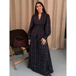 HH femme jupe costume mode Plaid manches longues simple boutonnage col en V chemise hauts + Chic taille haute fermeture éclair jupe longue plissée