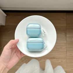 Étui AirPods 1 2 3 4 Pro2 Pro3, étui de protection bleu Transparent Simple et propre avec anneaux blancs