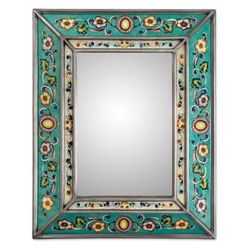 'Spring-Themed Turquoise Reverse-Painted Glass Wall Mirror'