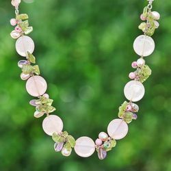 Sweet Romance,'Quartz Peridot Amethyst Cultured Pearl Glass Beaded Necklace'