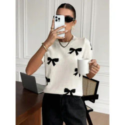 Pull en maille jacquard à nœud, tendance streetwear, printemps été, col rond, manches courtes, haut pour femme