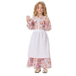 250° anniversario USA Periodo coloniale 19° secolo Abito da prateria Set cuffia e grembiule Lunghe Ragazza pioniera Coloniale Guerra rivoluzionaria Floreale Costume Ragazze Halloween Carnevale