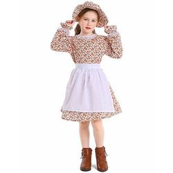 250° anniversario USA 19° secolo anni 1800 Abito da prateria Set cuffia e grembiule Lunghe Ragazza pioniera Coloniale Pioniere Guerra rivoluzionaria Floreale Costume Ragazze Halloween Carnevale 4