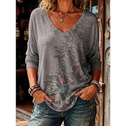 T-shirt Boho da donna Grafica Floreale Piante Vintage Elegante Casual Maniche Lunghe Collo a V Top Regolari Da Giorno Weekend Spiaggia Indossare Stampa Grigio Nero Beige Estate Primavera