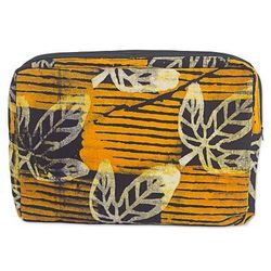 Leafy Protector,'Batik Cotton14 Inch Tablet Sleeve in Saffron from Ghana'