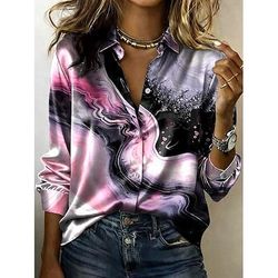 Per donna Camicia Grafico Geometrico Bohemien Vintage Elegante Manica Lunga Colletto a Camicia Top Regolari Quotidiano Ferie Blu Rosa Viola Estate Primavera