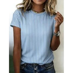Per donna Maglietta Stampato Grafico Geometrico Plaid Vintage Elegante Classico Manica Corta Girocollo Top Regolari Quotidiano Blu Bianco / blu Rosa Estate Primavera Autunno