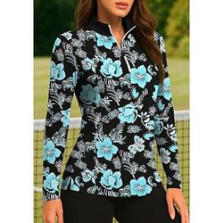 Per donna Piante Floreale Tropicale Motivo Floreale Top Polo da golf Maglia da tennis Manica Lunga Stampato Zip a un quarto Pullover Protezione UV Elastico Traspirante Tennis Golf Corsa Collo alla