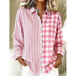 Per donna Camicia Blusa Patchwork Bottoni Stampato Grafico Geometrico Plaid Vintage Tropicale Quotidiano Manica Lunga Colletto a Camicia Top Regolari Quotidiano Blu Giallo Rosa Estate Primavera
