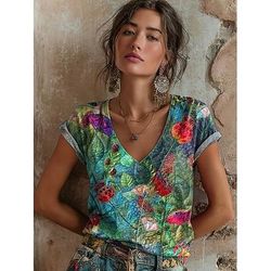 Per donna Maglietta Stampato Floreale Grafico Graffiti Bohemien Vintage Classico Manica Corta Scollo a V Top Regolari Quotidiano Verde Estate Primavera