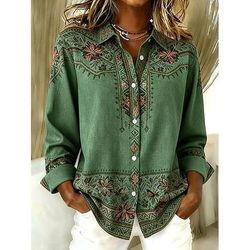 Per donna Camicia Blusa Patchwork Bottoni Stampato Grafico Geometrico Plaid Vintage Tropicale Quotidiano Manica Lunga Scollo a V Colletto a Camicia Top lunghi Quotidiano Abbigliamento mare