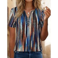Per donna Maglietta Blocco di colore Zip a un quarto Grafico Geometrico Vintage Tropicale Hawaiano Manica Corta Girocollo Top lunghi Quotidiano Sportivo Uscire Blu Bianco Blu Reale Estate Primavera