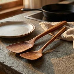 'Pair of Longan Wood Serving Spatulas Hand-Carved in Thailand'
