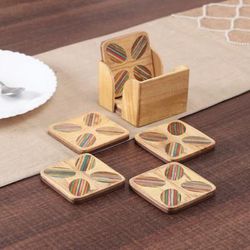 'Striped Hand-Carved 6-Piece Mango and Haldu Wood Coaster Set'