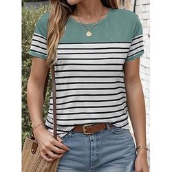Per donna Maglietta Stampato Grafico Geometrico A righe Vintage Elegante Classico Manica Corta Girocollo Top Regolari Quotidiano Rosso Verde Estate Primavera