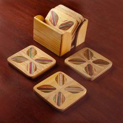 'Hand-Carved Floral 6-Piece Mango and Haldu Wood Coaster Set'