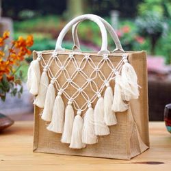 Trellis and Tassels,'Jute Cotton Macrame Tote Bag with Trellis and Tassel Accents'