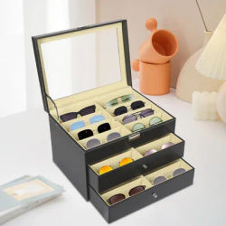 Boîte de rangement pour lunettes de soleil pour femmes et hommes - Boîte de rangement pour lunettes de soleil et lunettes de vue avec tiroir et couvercle en verre