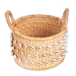 'Handwoven Natural Fiber Basket with Shell-Like Accents'