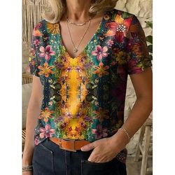 Per donna Maglietta Stampato Floreale Grafico Piante Vintage Elegante Casual Manica Corta Scollo a V Top Regolari Casuale Quotidiano Weekend Blu Nero Verde scuro Viola Arancione Estate Primavera