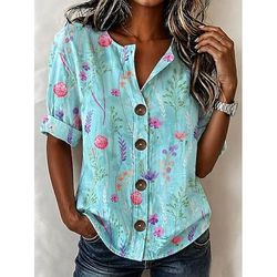 Per donna Camicia Stampato Floreale Grafico Elegante Vintage Casual Mezza Manica Scollo a V Top Regolari Casuale Quotidiano Ferie Blu Bianco Giallo Rosa Viola Estate Primavera