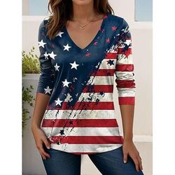 Giorno dell'Indipendenza Americana Per donna Maglietta Stampato Grafico Bandiera Americana Vintage Elegante Classico Manica Lunga Scollo a V Top Regolari Quotidiano Weekend Nero Bianco Rosso Blu