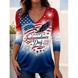 Giorno dell'Indipendenza Americana Per donna Maglietta Stampato Grafico Bandiera Americana Vintage Elegante Classico Manica Lunga Scollo a V Top Regolari Quotidiano Weekend Bianco / blu Bianco Rosso