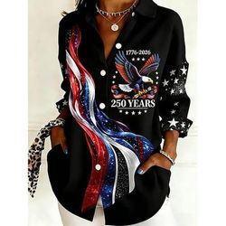 Giorno dell'Indipendenza americana T-shirt da donna bottoni stampa grafica anniversario dell'America vintage elegante moderna a manica lunga colletto regolari top quotidiani blu nero rosso rosso blu