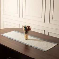 Azure Rhythm,'Geometric Cotton Table Runner in Ivory Blue and Loden Green'