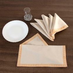 'Set of 6 Cotton Napkins with Hand-Block Printed Vine Borders'