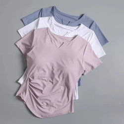 Haut de yoga pour femme avec coussinet de poitrine, T-shirt d'été à manches courtes pour Pilates, entraînement et fitness, ensemble de sport et course à pied, sensation haut de gamme