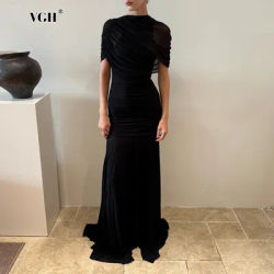 Robe longue de soirée de luxe VGH noire en maille transparente froncée pour femme, col rond, manches courtes, silhouette moulante, idéale pour le tapis rouge