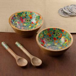 Galaxy of Blossoms,'4 Piece Floral Mosaic Wood Salad Bowl Set with Spoons'