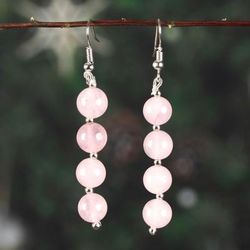 Blush Glory,'Beaded Dangle Earrings with 8 Round Rose Quartz Stones'