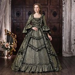 Rococò Barocco Abito da Ballo Lunghezza al pavimento Vestito Abito da Ballo Lunghe Principessa Sposa Allacciato Pizzo Floreale Abito da ballo Collo quadrato Costume Per donna Reale Halloween