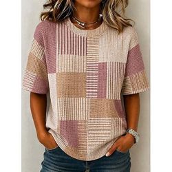 Per donna Maglietta Waffle Top a maglia con texture Maglietta Top estivi Spalla abbassata Stampato Grafico Geometrico Plaid Vintage Elegante Classico Manica Corta Girocollo Top Regolari Casuale