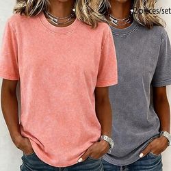 t-shirt da donna softfade™ 100% cotone, maglietta di cotone, top vintage lavati, lavaggio acido, vintage lavato, tinta unita, vintage, moda, elegante, manica corta, girocollo, top lunghi, casual, quotidiano, per uscire, rosaarancione