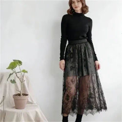 Jupe longue en tulle transparente et élégante en dentelle sexy, taille haute élastique, 2 longueurs, pour femme