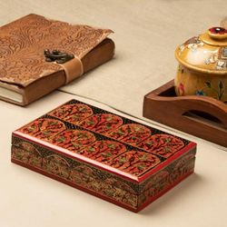 'Sylvan-Inspired Painted Crimson and Black Papier Mache Box'