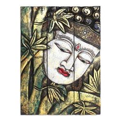 Buddha with Lotus in Green,'Three Panel Wood Wall Panel Buddha with Lotus in Green'